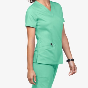 Tenues médicales unisexes à manches courtes en mélange de coton tissé extensible, avec logo personnalisé et motif col en V, pour hôpitaux et salons de beauté - Product Image 1