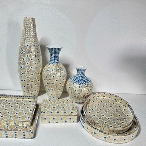 Ensemble de vases en mosaïque de coquillages modernes avec motif à pois bleus pour la décoration de la maison, design géométrique fait main - Product Image 4