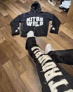 Satin Zip up Hoodie and Joggers Set Sportswear Tracksuit Rhinestone Custom Embroidery Tracksuit <b>Flared</b> Sweatpants and Hoodie Set - Product Image 1