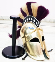 Casque d'armure médiévale, costume d'Halloween, casque corinthien grec vintage, finition laiton brillant, fer jaune, plume noire