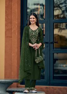 Par de pantalones Kurti de seda Vichitra de tendencia moderna, trabajo hecho a mano pesado con Dupatta, secuencia pesada y trabajo de bordado, proveedor indio - Product Image 2