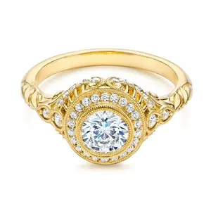 Hoge Kwaliteit 14K Rose Goud Halo Diamant Verlovingsring Art Deco Ronde Gesneden Kleurloze Moissanite Ring Nieuwste Unieke Ontwerp Ring