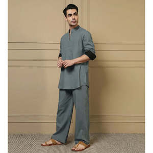 Ensemble Kurta et pantalon en coton gris uni pour homme Amanush, manches longues, col mandarin, tenue décontractée d'été, ensemble coordonné 2 pièces - Product Image 3