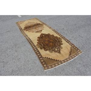 Alfombra de lana Vintage marrón y Beige de 3,8x10,8 pies, estilo turco clásico, diseño de retazos hecho a mano para adolescentes, pasillo rectangular de látex de 4m - Product Image 2