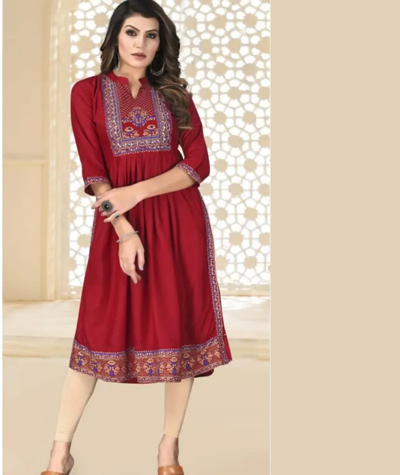Indian Pakistani Style Rayon with Foil Print with Mirror Work Fancy Kurtis with Plus Size Available for Indian and Muslim Women