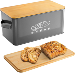 Caja de pan gris corteza con tapa de madera, tabla de cortar de bambú, cocina moderna, texto "PAN", Asa lateral, venta al por mayor. - Product Image 1