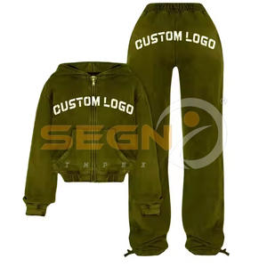 Personalizado bordado recortado Streetwear de alta calidad de manga larga con cremallera hasta dos piezas pantalones de chándal conjunto Joggers hombres cremallera chándales - Product Image 1