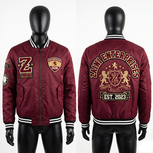 เสื้อแจ็คเก็ตบอมเบอร์กันลมสำหรับผู้ชาย ผ้าคอตตอนทวิล 320 GSM แต่งขอบยางยืดสีกรมท่า ปักลายเชนิลล์  พร้อมป้ายทอและโลโก้แบบกำหนดเอง - Product Image 5