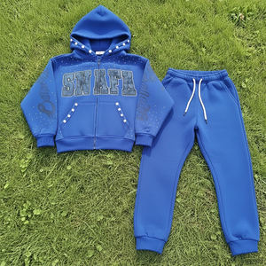 ชุดวอร์มพิมพ์ลายโลโก้แบบกำหนดเอง ประดับด้วยคริสตัล ผลิตจากโรงงาน ชุดวอร์มผู้ชายสไตล์วินเทจฟอกสีซีดแบบทำเอง - Product Image 1