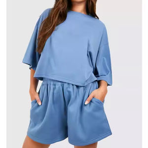 Chándal de alta calidad, conjunto corto de manga larga con capucha, conjuntos de Top corto de Fitness, conjunto de chándal Vintage lavado bordado estampado para mujer - Product Image 1