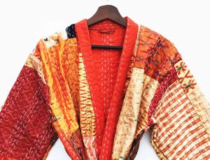 Beautiful Green Cotton Silk Kantha Patchwork <b>Kimono</b> Double Layer Cotton Silk Hand Made <b>Women</b> Kantha Robe With Pockets and Belt - Product Image 3