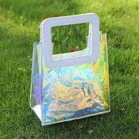Sac en PVC transparent MU 25CM avec ruban laser, idéal pour cadeaux, cosmétiques, emballage portable, anniversaires et shopping