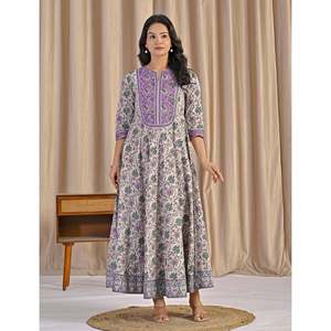 Robe Anarkali en coton imprimé à la main, gris et violet, vêtements américains - Product Image 3