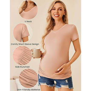 Chemises de maternité d'été pour femmes Hauts à col en V doux Conception froncée sur le côté T-shirts tuniques décontractées à manches courtes Fabricant OEM pour - Product Image 2