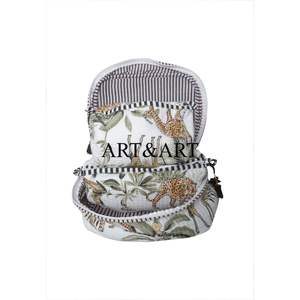 Ensemble de 3 trousses de maquillage écologiques imprimées à la main, en coton matelassé, fermeture éclair, pompon, sacs de rangement cosmétiques de voyage - Product Image 4