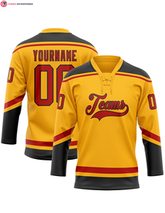 Maillot de hockey personnalisé 100% polyester or rouge-noir avec logo sur le devant col en dentelle Service OEM - Product Image 2