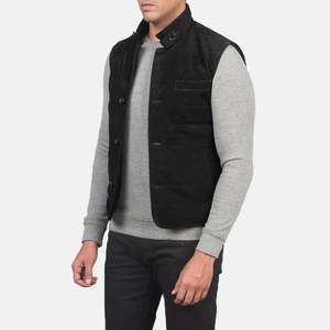 Chaleco Casual de Cuero Genuino para Hombre Tony con Logotipo Personalizado Bordado, Relleno de Algodón para Otoño y Verano, Estilo Gamuza Negra - Product Image 2