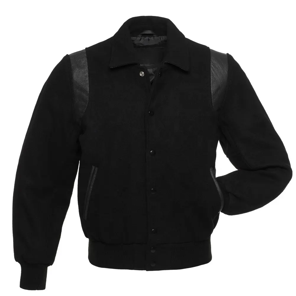 Faham internasional penuh hitam retro Lengan wol kulit jaket universitas untuk pria Letterman jaket logo kustom