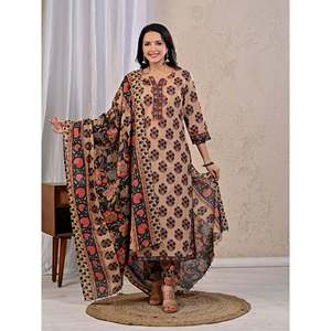 Butta <b>Block</b> <b>Printed</b> Cotton Kurta Pant Set Mulmul Dupatta Beige Black Ethnic Wear for Parties Daily Use Indian Made Viscose Net - Product Image 3