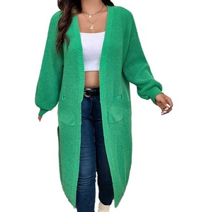 Cárdigan Largo Verde a Cuadros de Invierno con Bolsillo, Manga Regular, Suéter Holgado de Punto, Marca Privada OEM - Product Image 2