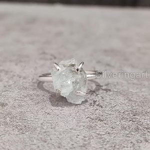Anillo de Plata de Ley 925 con Piedra Preciosa de Aguamarina Natural, Anillo de Banda con Engaste de Puntas, Joyería Hecha a Mano para Navidad, Piedra de Nacimiento de Marzo - Product Image 3