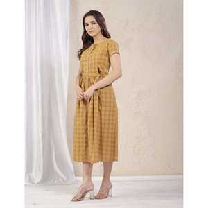 Vestido Amarillo de Algodón Estampado hasta la Rodilla para Mujer, Estilo Casual Elegante, Cintura Natural, Transpirable, para Oficina, Talla XS - Product Image 4