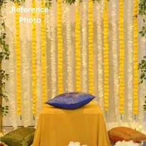 Haldi ceremonia flor guirnalda telón de fondo caléndula jazmín boda india decoración 4 PC amarillo, Blanco cortina conjunto con guirnaldas de flores - Product Image 3