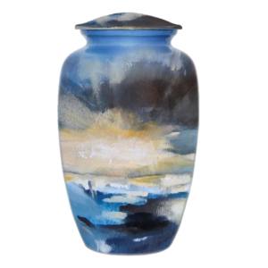 Urna de cremación de aluminio para adultos con hermosa pegatina de diseño de barco y acabado de color azul para cenizas humanas. - Product Image 2