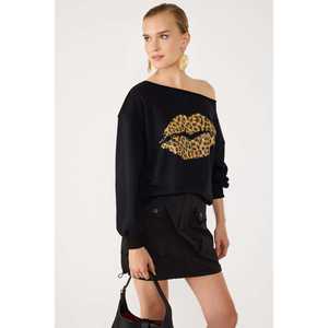 Sudadera con Estampado de Leopardo y Labios, 100% Algodón, Cuello de Lazo, para Uso Diario - Product Image 3