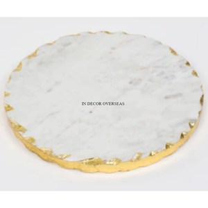 Bandeja para servir de forma redonda hecha de mármol de primera calidad de aspecto más hermoso con flores de metal Asas de diseñador Suministros de utensilios de cocina - Product Image 2