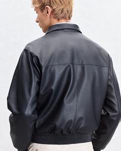 Veste Blouson Homme en Cuir Véritable Bleu Marine avec Fermeture Éclair, Ourlet Côtelé, Col Montant, Décontractée, Automne Hiver, Vêtement d'Extérieur Écologique - Product Image 4