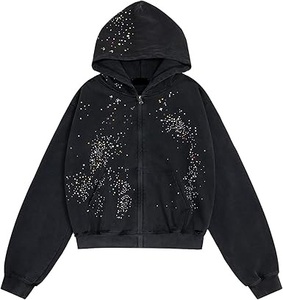 wholesale Star <b>Rhinestone</b> Zip Up Hoodies Women's Men's Casual Hooded <b>Jackets</b> Unisex Loose Crystal Y2K Pocket Sweatshirts hoodies - Product Image 1