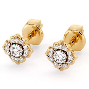 Pendientes de botón delicados con diamantes de laboratorio florales únicos Oro amarillo de 18 quilates - Product Image 1