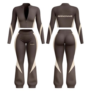 GSM polyester spandex women <b>crop</b> T shirt and leggings set <b>red</b> black panel design heat transfer custom logo Print Women's Sets - Product Image 3