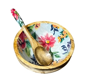 Floral Fantasy Bowl Mango Wood Handmade Decorative Wooden Salad Bowls with Serving Utensils Wood Dinning Accessory - Product Image 3