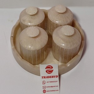 Luxurious pearl beige resin <b>jar</b> set with yellow floral accents and <b>matching</b> tray for decor and gifting Tradebyd - Product Image 3