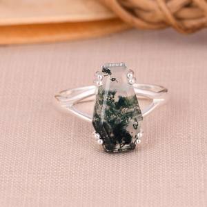 Oxidized Sterling <b>Silver</b> Moss Agate Coffin <b>Ring</b> <b>Boho</b> Southwestern Statement Jewelry Gothic Witchy Gemstone <b>Ring</b> Handmade Gift - Product Image 2