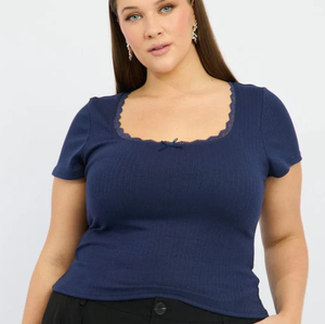 T-shirt manches courtes encolure dégagée avec bordure en dentelle pour femmes, bleu grande taille, personnalisable, OEM, ODM, Bangladesh, Nouvelle Collection - Product Image 4