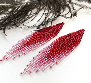 <b>Red</b> pink Beaded <b>Earrings</b> - Long Fringe <b>Earrings</b> Fringe Tassel <b>Earrings</b> - Gold - Long - Product Image 1