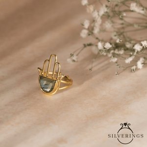 Anillo de la Suerte Hamsa de Plata de Ley 925 con Bisel de Labradorita Dorada para Regalo - Product Image 5