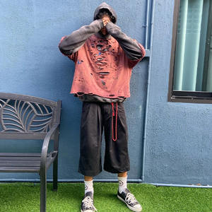 Sweat à capuche d'hiver double couche délavé, déchiré, décoloré par le soleil, avec strass, 100% coton, poids lourd, lavage à l'acide, vintage, en molleton - Product Image 4