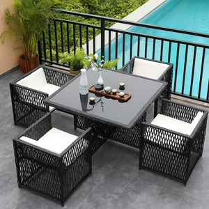 Ensemble de salon de jardin moderne avec chaises en osier noir et table ronde en verre pour cour, hôtel, bord de piscine et terrasse - Product Image 4