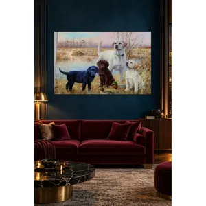 Impression sur toile Fida : Famille de labradores tricolores au bord du lac - Product Image 4