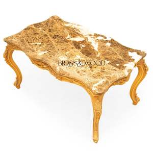 Mesa de Centro Rectangular de Lujo con Tapa de Mármol Veteado Marrón Miel y Marco de Hoja de Oro Tallado a Mano para Sala de Estar Clásica - Product Image 3