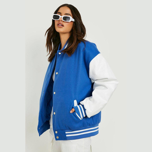 Womens Cropped Varsity <b>Jacket</b> Blue Wool Body & White Cowhide Leather <b>Sleeves</b> Letterman Baseball Bomber Crop Varsity <b>Jacket</b> - Product Image 3