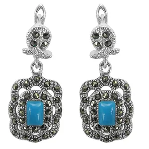 Boucles d'oreilles pendantes en argent sterling 925 avec perle d'eau douce, marcassite et turquoise pour femme, bijoux cadeau pour tous les jours et occasions spéciales - Product Image 2