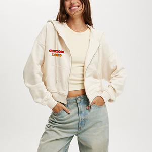 Nueva moda invierno 500 Gsm Zip recortada sudaderas con capucha para mujer sudadera pesada ajuste holgado cómodo señoras bordado 3D - Product Image 6