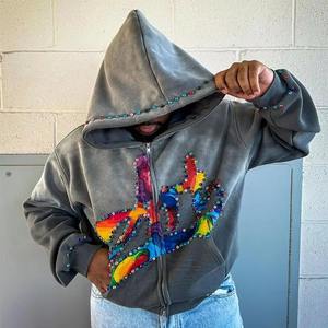 100% coton personnalisé strass Logo lavage à l'acide soleil délavé Vintage Streetwear pull bouffée impression soleil délavé strass sweats à capuche - Product Image 6