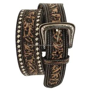 Double Stitched top quality handmade western leather tooling belt stylish floral embossed designer tooled belt for cowboy