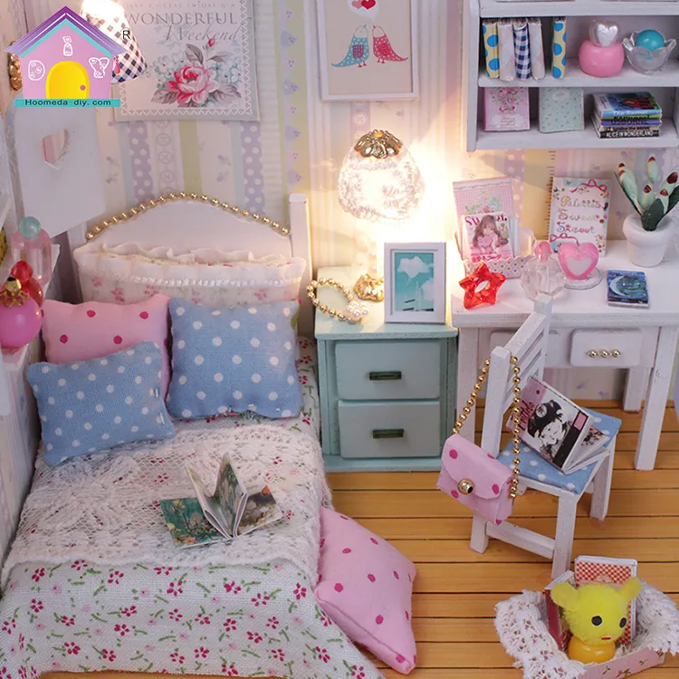 Hongda diy doll house pink miniature dollhouse wooden doll house kits for girls